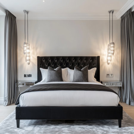 Photograph of an elegant bed with a black velvet headboard and a silver metal frame, centered in the room against white walls, flanked by gray curtains on each side. A large gray rug is laid out under it, complementing its monochromatic color scheme. The background features modern pendant lights hanging from the ceiling to the wall, adding warmth to the space. In front stand two bedside tables that echo the metallic texture of the headboard, creating a harmonious atmosphere within the contemporary bedroom. --v 6.1 Job ID: 88bd3a5e-eb2c-44fa-be72-9fbc0847a8a7の素材