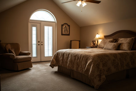 Master bedroom in an upscale home, large bed with beige and brown bedding, a sitting chair near the window, carpeted floor, a ceiling fan on the vaulted ceiling, a small side table next to the door, a small accent lamp at the head of the bed. --ar 3:2 --v 6.1 Job ID: 62c78290-e7b1-42b4-94c4-faf61fe47e97の素材