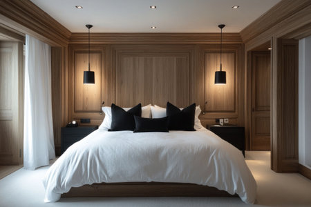A minimalist bedroom with white walls, wooden panels on the walls and ceiling, a large bed in front of a mirror, bedside tables with lamps, black pillows on the bed, a cozy atmosphere, and soft lighting from pendant lights. --ar 3:2 --v 6.1 Job ID: 473fc748-a600-4395-b301-b69d225835e0の素材