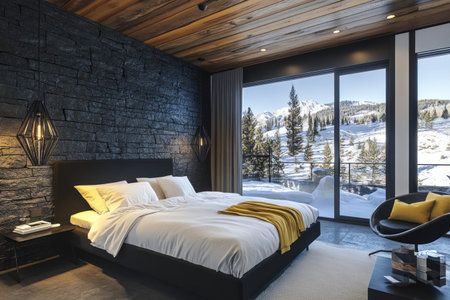 Modern loft-style bedroom with a dark gray stone wall, a wooden ceiling, and a concrete floor. A black bed with white linens, a black table lamp on the right side of the room, and yellow accents. A large window with natural light and geometric pendant lamps above it. The interior is decorated in blue tones. Realistic rendering. --ar 3:2 --v 6.1 Job ID: 02b94123-d2ec-447d-a0ab-b9a8175757e1の素材