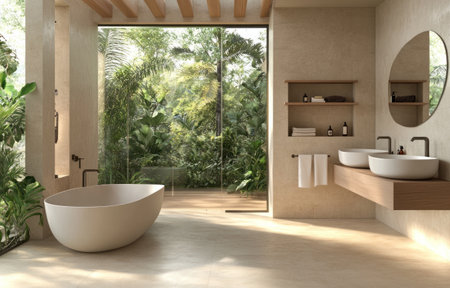 A modern bathroom with a large window, featuring natural light and tropical plants outside. The space includes two white freestanding bathtubs positioned near the wall on one side of an open-plan layout. On another wall is a floating sink and mirror, complemented by wooden shelves for decorative items. A glass door leads to outdoor greenery. The room's interior features beige textured tiles and concrete surfaces throughout, creating a serene atmosphere. --ar 47:30 --v 6.1 Job ID: 155460b2-f51c-43c1-81e7-6691ec391534の素材