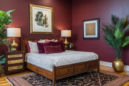 A bedroom wall painted in a rich burgundy color, complemented by geometric decor and vintage furniture with gold accents. The room includes an elegant bed, table lamps, a framed poster on the walls, and decorative elements like brass planters or vases. --ar 3:2 --v 6.1 Job ID: 856ca25f-c6ca-48d7-bd46-e7356c7b7eb4の素材
