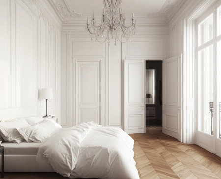 A white-walled bedroom with a wood floor and a large bed, a chandelier hanging from the ceiling, in a French-style, minimalist interior design. A view of an entrance to another room. --ar 37:30 --v 6.1 Job ID: ff0733b4-f35b-47ff-940b-f9ab49b9100fの素材