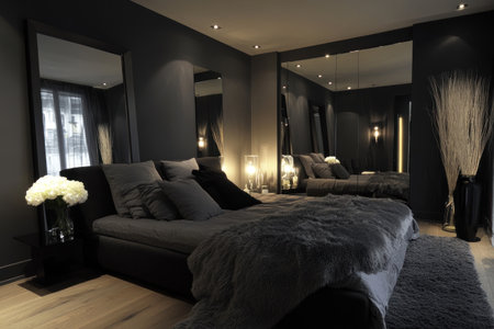 A modern bedroom with large, full-height mirrors in the closet and on one wall, creating an elegant atmosphere of luxury and sophistication. The room features dark gray walls, wooden floors, and stylish furniture, complemented by soft lighting that adds to its ambiance. A bed is neatly made against the headboard, adorned with fluffy gray blankets and black pillows. On each side table stand delicate vases holding white flowers, adding color and charm to the space. --ar 3:2 --v 6.1 Job ID: 7d8dba84-b979-4468-ae21-3140ffb17727の素材
