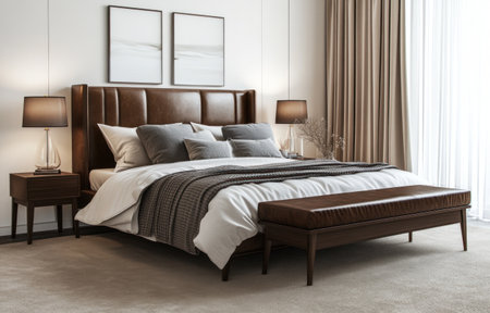 A modern bedroom with a large bed, a single leather headboard, and two side tables. Beige carpet covers the floor, with lamps, grey pillows and a blanket, and a brown bench at the foot of the bed. The walls are white, and a window curtain completes the scene. This is a 3D rendering illustration. --ar 47:30 --v 6.1 Job ID: 5eada505-ba8b-46fd-8399-ea57a0cded48の素材
