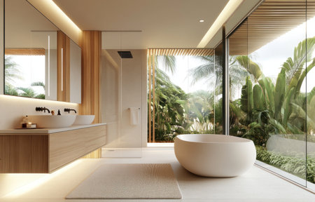 A modern bathroom with a minimalist style, featuring white and wood accents. The left wall has a double sink, and an oval-shaped bathtub is positioned in front of it. A large window overlooks a tropical landscape, and glass walls allow for natural light. The space has neutral tones with wooden elements, and soft lighting from ceiling lights and lamps creates a serene atmosphere. The contemporary design elements contribute to an overall tranquil ambiance, captured in high-resolution photography. --ar 47:30 --v 6.1 Job ID: caa8f754-bd8a-495c-9050-f7170f522b65の素材