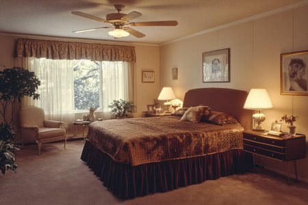 Master bedroom in a large home, a bed with a headboard and a dark brown skirted duvet cover, two side tables with lamps on each end of the room, a sitting chair near the window, a ceiling fan above the bed, cream-colored walls, small windows, and tan carpeting. Photography in the style of [Artist name]. --ar 3:2 --v 6.1 Job ID: 3f1f4798-39ca-4abb-9bd4-debcaa24a3edの素材