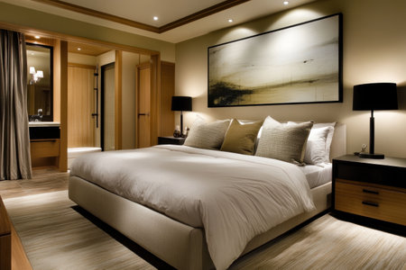A bedroom with minimalist furniture and an abstract painting above the bed, featuring neutral tones of beige or gray for cozy comfort. The room includes wooden nightstands with black lamps on each side, creating a warm ambiance in the evening. A large white duvet cover adorns the bed, complemented by multiple pillows in various shades including gray, green, blue, and brown. This setting is perfect to showcase interior design elements in soft lighting conditions. --ar 3:2 --v 6.1 Job ID: 920020f2-94e2-4a4e-960c-a530e87aaf0fの素材