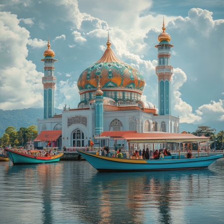 A stunning photo of the majesticclipart featuring putra ultrarealistic and cinematic style, with an elegant mosque in front of song pnakCOME . The beautiful moment is captured by a professional photographer using a Sony Alpha A7 III camera with Zeiss Batis lens at f/2 aperture setting. Beautiful clouds above the water add to its charm. Colorful boats moor on the serene lake below. It's a picturesque scene that beautifully highlights Forest vt showing gorgeous view of alb Films song cruise boat with people having fun. --v 6.1 Job ID: 4d996bd6-003b-43ff-81fe-8bccc9338845の素材