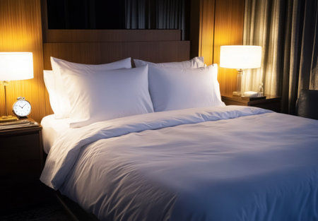 A bed with white sheets and pillows, illuminated by the soft glow of an alarm clock on a nightstand beside it. The room is darkened to create a contrast between the light from the lamp and the shadowy ambiance. --ar 22:15 --v 6.1 Job ID: a2bbea36-d361-489e-8379-d3e6e43b9108の素材