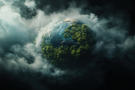The Earth, a planet surrounded by clouds, mist, and moss, in the style of futuristic digital art. The background is dark, with high resolution, high detail, and high quality. The image has high sharpness, a hyper-realistic photographic style, and has won awards. The lighting is cinematic, with volumetric lighting, and the image is rendered using Octane Render and HDR. --ar 3:2 --v 6.1 Job ID: 5c998d28-d528-4d9c-97f0-65e9a8128e2fの素材