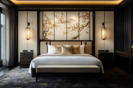 Chinese style bedroom design, black walnut floor with dark gray carpet, wall panels in white and gold color scheme, large bed with beige fabric headboard, two nightstands on each side of the bed, one long desk at front right corner, hanging lamps, photorealistic rendering, wide-angle perspective, high resolution photography --ar 3:2 --v 6.1 Job ID: 49c64034-1fd3-4365-a900-e4b173bad4e6の素材