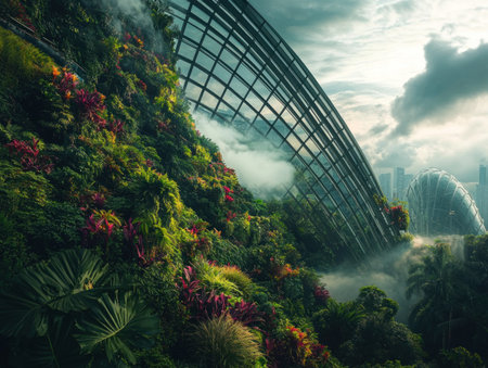 A panoramic view of the indoor rainforest at Gardens by the Bay, with lush greenery and exotic flowers growing on glass walls, creating an otherworldly atmosphere. A bird's-eye perspective reveals misty clouds in the sky, adding to its ethereal charm. This photo was taken using a Fujifilm GFX 50S for its stunning resolution and detail capture. --ar 4:3 --v 6.1 Job ID: 7878a572-f864-4252-8715-6473afa97a86の素材