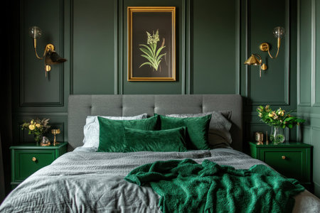 Dark green bedroom with a grey bed, emerald bedside tables, and golden lamp frames on the wall above it. --ar 3:2 --v 6.1 Job ID: 226ae049-ab27-47ff-b3db-99bdd1ef4559の素材