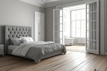 Modern bedroom interior with a gray bed, wooden floor, and a glass door leading to the bathroom, all in a minimalist style. --ar 3:2 --v 6.1 Job ID: 2d093665-c52d-4075-a317-846f549cdf77の素材