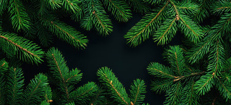 Green pine tree branches on a dark background, top view. Christmas decoration, green spruce tree foliage texture backdrop banner. --ar 11:5 --v 6.1 Job ID: 6190cfea-93eb-42b2-999a-76757590c0d1の素材