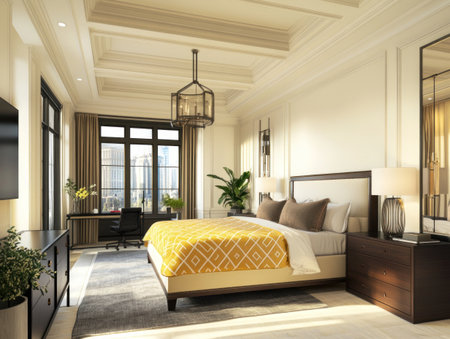 Master bedroom in a new construction home, with cream-colored walls, a white ceiling and trim, coffered ceilings, a large bed, dark wood dressers on the right side of the room, a gray rug under the footboard, a yellow geometric pattern quilt at the head end of the bed, a black desk chair to the left of the TV, a mirror over the nightstand, plants, a pendant light above a table lamp near the window on the wall between the windows, and a black office chair beside a black metal shelf by the tall glass front door. --ar 4:3 --v 6.1 Job ID: 0f29f3c2-57a8-4616-99b9-4f43657c197dの素材