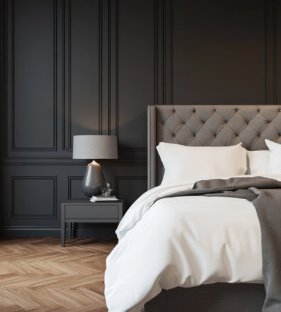 Photorealistic interior design of a bedroom with dark gray paneled walls and white bed linens. There is also a gray lamp on the nightstand next to it. The focal point in the center shows part of an elegant fabric headboard against the wall. On one side, there is a wooden parquet floor. It creates a cozy atmosphere. The lighting falls from above, creating soft shadows. In the background, you can see a window. --ar 9:10 --v 6.1 Job ID: b8c82bd9-d8d4-4582-9e64-36ce95e3a362の素材