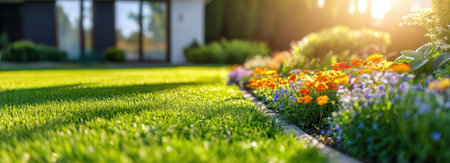 Beautiful green lawn with sunlight and colorful flowers in the flowerbeds on the background of a modern house, close-up. Backyard landscape design concept. Banner format. --ar 83:30 --v 6.1 Job ID: c222249d-1410-47a2-a8c3-d7834b50bce9の素材