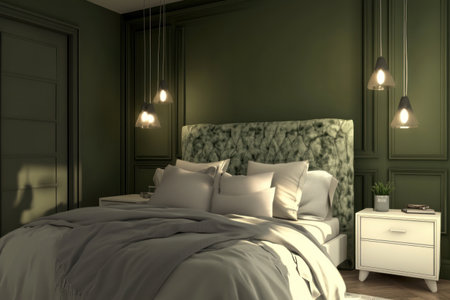 3D rendering of a green bedroom with a bed and white side tables. The wall is painted in a dark olive color, and the headboard on the bed has a soft fabric in gray tones. There is pendant lighting hanging from the ceiling. --ar 3:2 --v 6.1 Job ID: ff381dbf-0ad3-4035-ba31-d45e1855bb19の素材