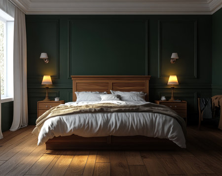Bedroom interior design, a wooden bed with dark green walls and a white ceiling, lamps on the wall, a minimalistic style, modern furniture, a wooden floor, modern interior design, a front view, a wide shot, a 3D render, Octane render, high-resolution photography, ultra-detailed, hyperrealism. --ar 19:15 --v 6.1 Job ID: c14b102b-12b5-4fb7-a95a-5eb0c5f256bbの素材