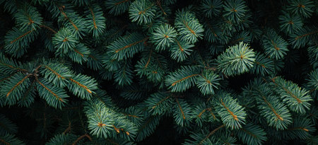 A dark green pine tree background with numerous branches and leaves. The branches of the evergreen trees form an intriguing pattern, while their delicate details enhance its beauty. This photograph was taken from above at eye level using a Canon EOS camera. It has a high resolution of 3056 x 2489 pixels and is presented in a panoramic format. --ar 11:5 --v 6.1 Job ID: 262fb884-ce7d-41de-976a-54eb2e71ae8eの素材