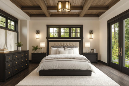 Modern bedroom in the style of Chinese design, featuring a large bed with white and grey bedding, a dark hardwood floor, beige wall panels with gold accents, two black dressers on the left side of the room, a wall lamp hanging above one nightstand, a white carpet in front of the door, a wooden ceiling, and natural lighting. Captured in a wide-angle view, this scene is a high-resolution 3D rendering. --ar 3:2 --v 6.1 Job ID: efa722e6-0245-42c6-a8d3-26cc39fd7de3の素材