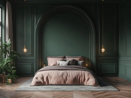 A dark green wall with an arched opening leading to the bedroom, a pink and grey color palette, a parquet floor, gold lighting, high resolution, and a hyper-realistic style. --ar 4:3 --v 6.1 Job ID: ee969fea-9163-4025-8b27-cb40c4eb40bcの素材