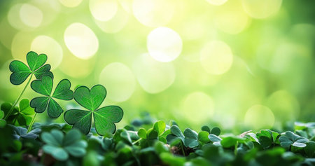 St. Patrick's Day background with shamrocks and a bokeh light green gradient background, in the style of a cartoon. --ar 19:10 --v 6.1 Job ID: f0829c7f-aba9-46ef-9e00-d879ad9f520dの素材