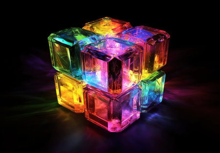 A single glass cube with multiple prisms on its surface, emitting colorful light rays in all directions. The background is dark and simple to highlight the cube's effect of rainbow colors emanating from it. --ar 22:15 --v 6.1 Job ID: 4ce56ee3-b172-4733-bbf5-89bf9628d7e3の素材