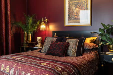 A bedroom wall painted in a rich burgundy color, complemented by geometric decor and vintage furniture with gold accents. The room includes an elegant bed, table lamps, a framed poster on the walls, and decorative elements like brass planters or vases. --ar 3:2 --v 6.1 Job ID: 856ca25f-c6ca-48d7-bd46-e7356c7b7eb4の素材