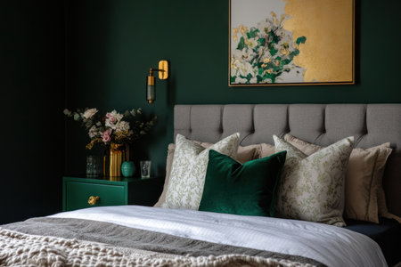 Dark green bedroom with a grey bed, emerald bedside tables, and a gold lamp. --ar 3:2 --v 6.1 Job ID: e35bd514-ddc6-4754-8b62-22daa5244da9の素材