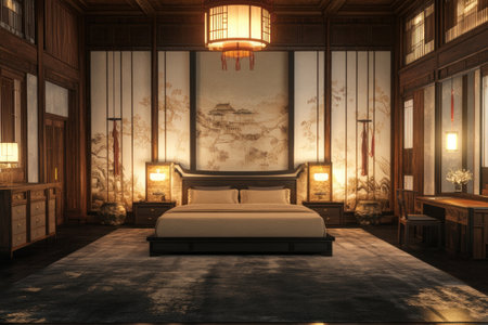 Chinese style bedroom design, black walnut floor with dark gray carpet, wall panels in white and gold color scheme, large bed with beige fabric headboard, two nightstands on each side of the bed, one long desk at front right corner, hanging lamps, photorealistic rendering, wide-angle perspective, high resolution photography --ar 3:2 --v 6.1 Job ID: 49c64034-1fd3-4365-a900-e4b173bad4e6の素材