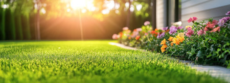 Beautiful green lawn with sunlight and colorful flowers in the flowerbeds on the background of a modern house, close-up. Backyard landscape design concept. Banner format. --ar 83:30 --v 6.1 Job ID: c222249d-1410-47a2-a8c3-d7834b50bce9の素材