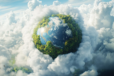 An illustration of the Earth surrounded by clouds, with moss growing on it and its surface covered in mist. The planet is centered within the frame, and the surrounding environment appears to be made up entirely of white, fluffy clouds. In front of the Earth, there should also appear some green grass or plants. This scene conveys peace and tranquility, as if you were looking at the entire world through the lens of nature. Ultra-realistic photography. --ar 3:2 --v 6.1 Job ID: 3434a834-a90d-4493-8631-4b9e446138ffの素材