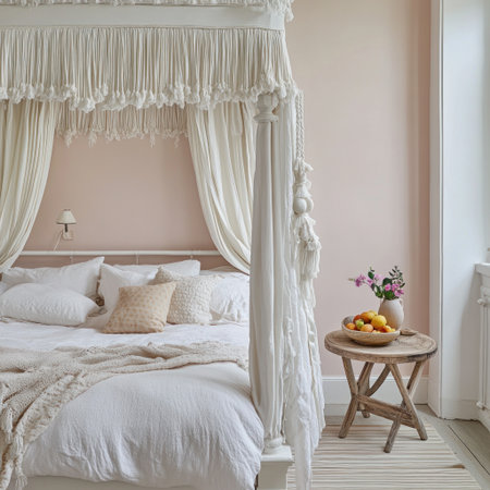 A white four-poster bed with tassels and white canopies on the headboard, a small round wooden table beside it with a bowl of fruit, a boho rack next to it, natural light, pastel pink walls, and a striped beige floor. --v 6.1 Job ID: 7c5698b7-e9f3-4563-be5a-d37d5137f997の素材