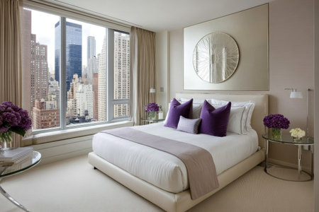 A modern bedroom with a white bed, beige carpet, and purple pillows. A large window showcases the cityscape outside. A small glass table stands beside the bed, adorned with vases of flowers. The room is well-lit by natural light from the large windows on one side. There is an empty wall above the bed that can be used for artwork or decoration. On another wall, a full-length mirror hangs, adding to the minimalist yet elegant feel of the space. --ar 3:2 --v 6.1 Job ID: 272aafdf-4df8-4e8d-994d-208a96eeaa8aの素材