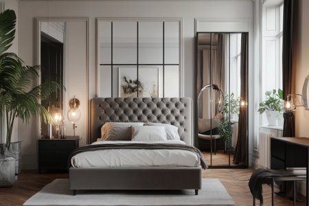 A bedroom with a grey velvet headboard, mirrored wardrobe and bed, white walls, wooden floor, a large mirror on the wall, black furniture, modern design, bright lighting, and a cozy atmosphere. --ar 3:2 --v 6.1 Job ID: fcc79e3c-358e-44ad-878f-8794ce74c57cの素材