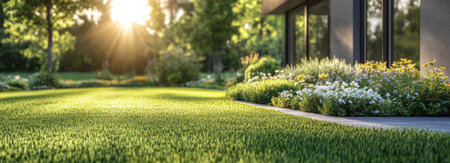 Beautiful green lawn with flower beds and sunlight in the garden of a modern house, wide banner with copy space area. Landscape design for a landscaping or landscape architecture company, banner format. Ultra-realistic photograph captured using a Sony Î±7 III camera, equipped with a lens. Natural light. --ar 83:30 --v 6.1 Job ID: 2dd2bc9e-d843-43c3-a149-3c323d76085eの素材