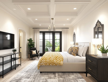 Master bedroom in a new construction home, with cream-colored walls, a white ceiling and trim, coffered ceilings, a large bed, dark wood dressers on the right side of the room, a gray rug under the footboard, a yellow geometric pattern quilt at the head end of the bed, a black desk chair to the left of the TV, a mirror over the nightstand, plants, a pendant light above a table lamp near the window on the wall between the windows, and a black office chair beside a black metal shelf by the tall glass front door. --ar 4:3 --v 6.1 Job ID: 0f29f3c2-57a8-4616-99b9-4f43657c197dの素材