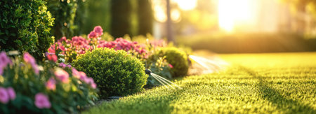 Beautiful home garden with neatly trimmed bushes, colorful flowers, and green grass in the sunlight. Landscape design or lawn care concept. A photo of an apartment complex yard with a freshly cut lawn and sprinkler system at sunrise. Banner format. --ar 83:30 --v 6.1 Job ID: cff36f18-6d6a-48be-a1a0-048eb6b21272の素材