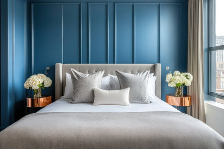 A clean and simple bedroom with blue wall panels, featuring an elegant bed in gray fabric with white pillows. The room also includes copper side tables on each corner of the bed that have flowers placed on top of them. A window is visible on the right-hand side, adding natural light to the space. This scene captures the modern, minimalistic aesthetic of contemporary home decor. --ar 3:2 --v 6.1 Job ID: 3e58f812-8c94-4317-94df-598fba011d98の素材