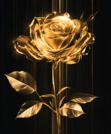 A golden rose with metallic gold leaves, on a black background, with vertical stripes of light shining through the petals. --ar 5:6 --v 6.1 Job ID: e24669da-0d28-4eb7-8949-ef06cf895e1fの素材
