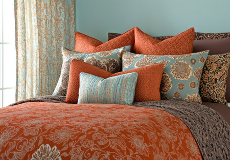 A bed with an orange and brown patterned comforter, several pillows of various sizes in the same color scheme on top, against a light blue wall. The room also has sheer curtains that have patterns in shades matching those used for the pillow coverings. This setting creates a warm and inviting atmosphere with rich colors and soft textures. --ar 43:30 --v 6.1 Job ID: 7c98d81c-28bf-4792-9519-c9089fbee43aの素材
