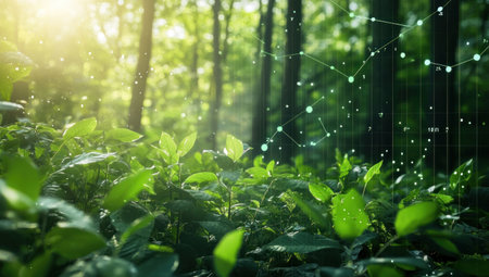 A forest scene with an overlay of digital graphs and data points, symbolizing the connection between technology and nature in sustainable business practices. The sunlight filtering through the leaves creates a soft glow on the green plants, highlighting their growth patterns. This visual metaphor represents how precision plant science can lead to more eco-friendly woodland retreats for humans. --ar 53:30 --v 6.1 Job ID: 3963db82-104b-4938-a16f-d3bdffd273a6の素材