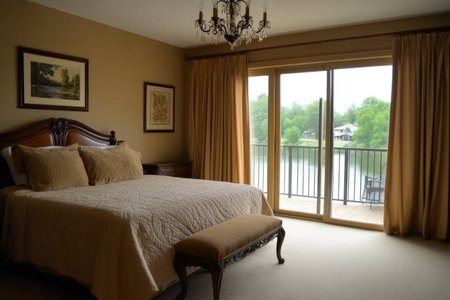 Master bedroom with a large bed, beige walls, and a carpeted floor. A glass door leads to a balcony overlooking a lake. A chandelier hangs above the head of the bed. A small bench sits at the end of the footboard. Tan curtains adorn the windows, and framed art adorns the walls. The color palette is neutral, and the overall style is modern. --ar 3:2 --v 6.1 Job ID: 4e69ec62-3cf5-4da2-af41-fde7cc023a28の素材