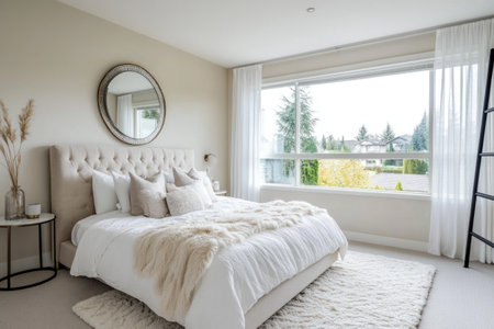 A minimalist bedroom with an elegant bed, a soft, fluffy beige velvet headboard, and white linen bedding. The room is bathed in natural light from large windows, creating a serene atmosphere. A mirror on the wall adds to its modern feel. In front of it lies a plush cream rug for sitting or relaxing. There's also a small table beside the bed, decorated with decorative pillows and cushions. On one side hangs a stylish black metal ladder, adding some character. --ar 3:2 --v 6.1 Job ID: 9b21a998-b74f-47eb-8507-0594ab2910ccの素材
