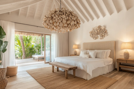A large bedroom with high ceilings, white walls, and light wood floors. The room has an elegant bed in the center, a rustic wooden table on one side, two vintage lamps hanging from the ceiling, a large chandelier made of seashells above the headboard, soft lighting, a large window on the left wall overlooking the garden outside, modern decor, neutral colors, and natural sunlight. This is a wide-angle architectural photograph. --ar 3:2 --v 6.1 Job ID: 9486f189-d96e-471c-8c52-aefbaaeac27eの素材