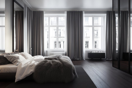 A large, minimalist bedroom with grey curtains and a fluffy bed in the center of an apartment in St. Petersburg. Along one wall are floor-to-ceiling windows, wooden floors, and a black mirrored cabinet stands on each side of it. The walls are grey, with white accents, and the overall style is modern and minimalist, featuring dark grey tones, wooden flooring, and natural light. --ar 3:2 --v 6.1 Job ID: 037bcfe8-0371-43d8-bac9-89909005ecc1の素材