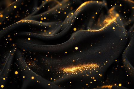 A golden, starry sky, sparkling with gold particles, shines on the black silk fabric, creating an ethereal and dreamy atmosphere. The glittering stars reflect light in various shapes, adding depth to the scene. A panoramic view of the background highlights its grandeur. This is a high-definition photograph with a resolution of 3840 x 2560 pixels. It was captured using a Canon EOS-1D X Mark III camera with an EF lens at an f/7 aperture setting. --ar 3:2 --v 6.1 Job ID: 4dcf6133-aa5b-4bd2-bb1d-5c3bb6c4bda6の素材